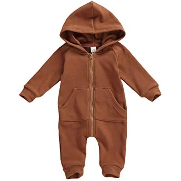 Argeousgor Newborn Baby Boy Girl Hooded Jumpsuit Zipper Long Sleeve Romper Solid Color One Piece Fall Winter Outfit Clothes