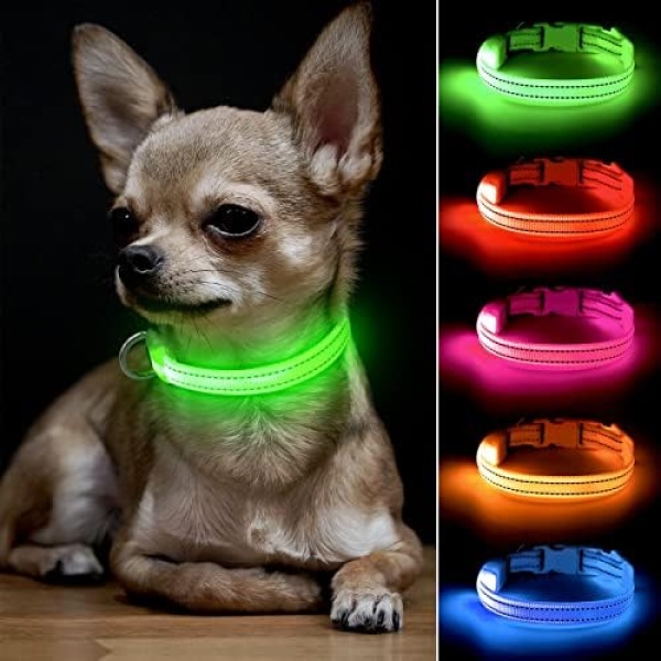 BSEEN Light Up Dog Collars - Adjustable Puppy Collar, Rechargeable LED Dog Collar for Small Dogs, Adjustable Cat Collar, Glowing Dog Lights for Night Walking (Green, XS)