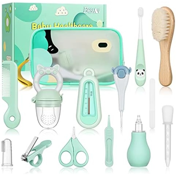 Baby Healthcare and Grooming Kit - Nursery Essentials Baby Registry Shower Gift for Newborns Infants Toddlers Boys Girls 13pcs - Green