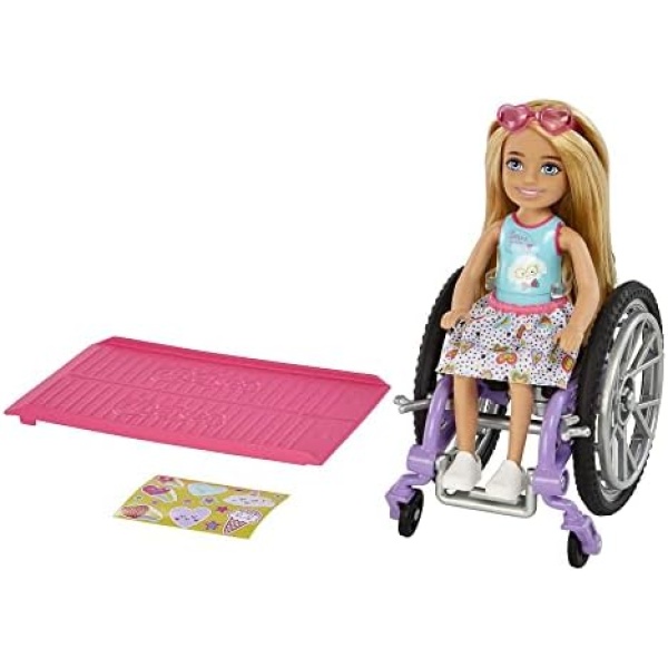 Barbie Chelsea Doll & Wheelchair with Moving Wheels, Ramp, Sticker Sheet & Accessories, Small Doll with Blond Hair