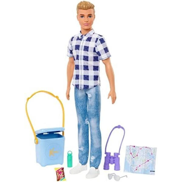 Barbie It Takes Two Doll & Accessories, Camping Set with Cooler, Map & More, Blonde Ken Doll with Blue Eyes in Plaid Shirt