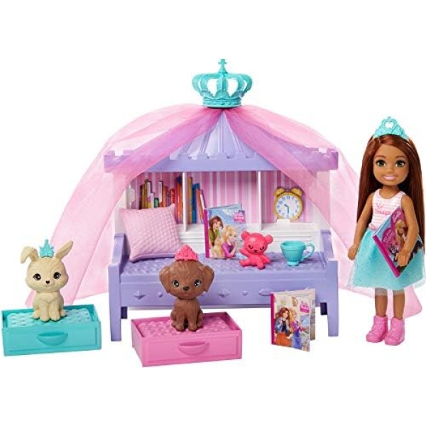 Barbie Princess Adventure Chelsea Princess Storytime Playset, with Chelsea Doll, Canopy Bed, 2 Pets and Accessories, Gift for 3 to 7 Year Olds , Red