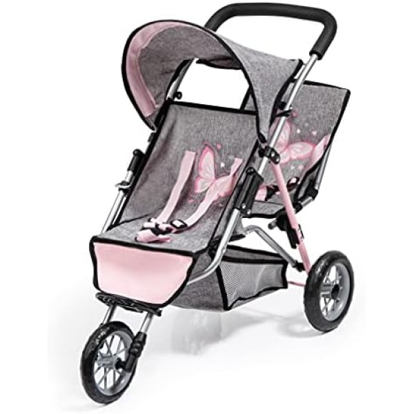 Bayer Design - Twin Dolls Pram Duo - Double Stroller for Dolls, Sun Canopy, Security Belt - Dolls Up to 18” - Grey Pink - Age 3+ - 39133AA