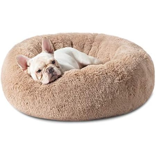 Bedsure Long Plush Calming Dog Bed - Washable Round Dog Bed - 30 inches Anti-Slip Faux Fur Donut Cuddler Round Cat Bed - Fits up to 45 lbs, Camel,Self Warming