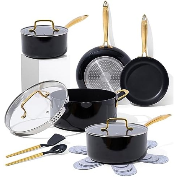 Black and Gold Pots and Pans Set Nonstick - 15 Piece Luxe Black Pots and Pans Set - Induction Compatible, 100% PFOA Free Nonstick Frying Pans, Sauce Pans, Pot with Strainer Lid, Gold Kitchen Utensils