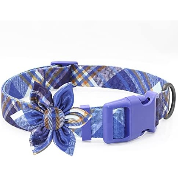 Blue Plaid Dog Collar Small Boy Dog Collar with Flower Bow Tie Fancy Personalized Dog Collar for Puppy Small Dogs Best Birthday Gift for Your Furbaby Coliers Pour Chien.