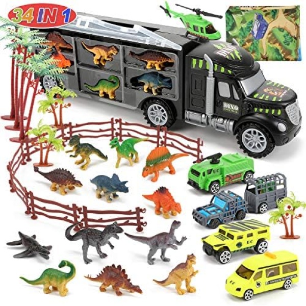 CUTE STONE 34 in 1 Dinosaurs Truck, Dino Transport Car Carrier Truck Toy with 12 Mini Dinosaur Figures and 4 Cars, Dino Park Toy Birthday Gift for 3+ Year Old Boys and Toddlers