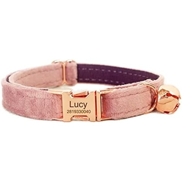 Cat Collar Personalized with Name Engraved and Bell, Customized Velvet Collars for Puppy Kittens (Pink, S)