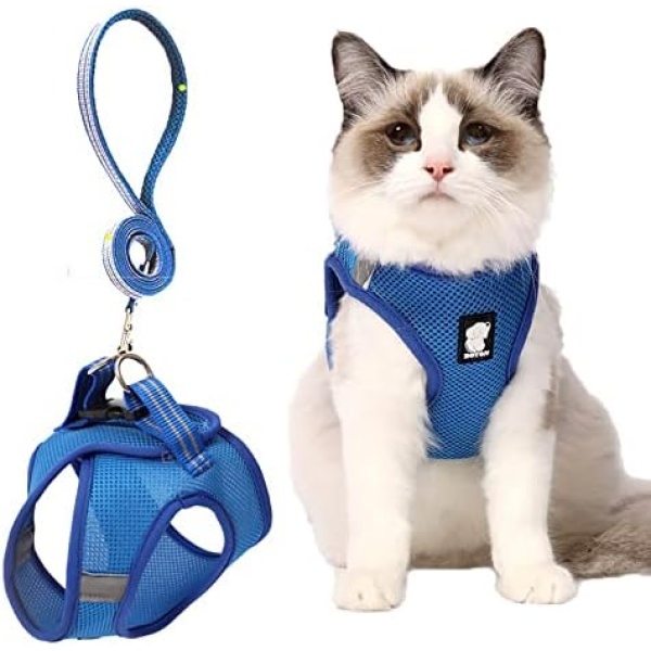 Cat Harness and Leash for Walking Escape Proof Ultra Light Adjustable Kitten Harness with Reflective Strap Soft Mesh Cat Vest Breathable Harness Set for Puppies Rabbits,Cats and Small Pets - Lnichot (L-(Chest: 15.7"-17.7"), Blue)