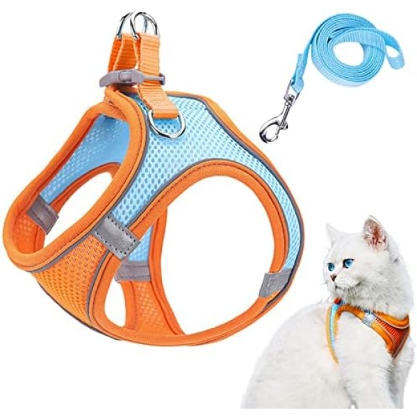 Cat Leash and Harness Escape Proof Set for Kitten Puppy Soft and Breathable Reflective Vest with Leashes and Harnesses for Walking Pet (M, Orange Blue)