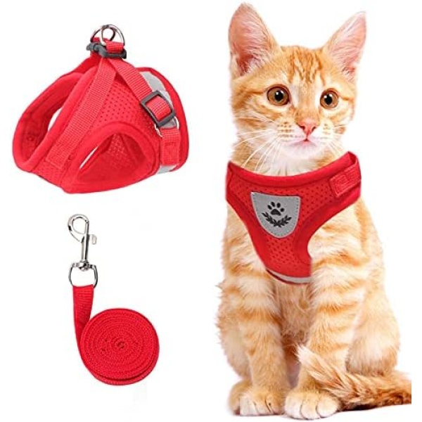 Cat Vest Harness and Small Dog Vest Harness for Walking, All Weather Mesh Harness, Cat Vest Harness with Reflective Strap, Step in Adjustable Harness for Small Cats (Red, S)