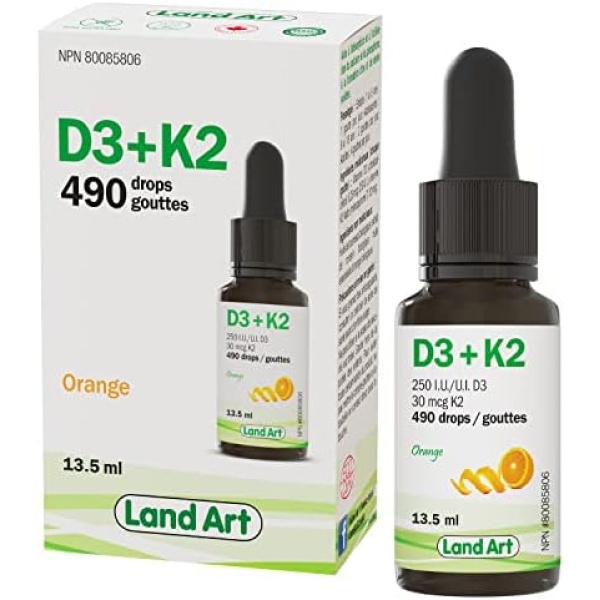 Certified Organic Vitamin D3 & K2 (MK7-Natto) - 490 Drops- Support Your Bones, Immune System - Non-GMO - Gluten Free - Made in Canada (13.5 ml (Pack of 1))