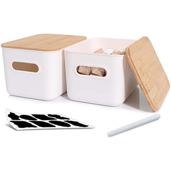 Citylife 2PCS Plastic Storage Bins with Bamboo lids Stackable Storage Containers for Organizing, Bundled with Labels and Marker 10.24 x 7.01 x 6.1 inch