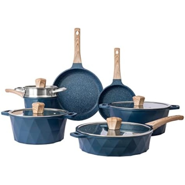 Country Kitchen Nonstick Induction Cookware Sets - 11 Piece Nonstick Cast Aluminum Pots and Pans with BAKELITE Handles - Induction Pots and Pans with Glass Lids (Navy)