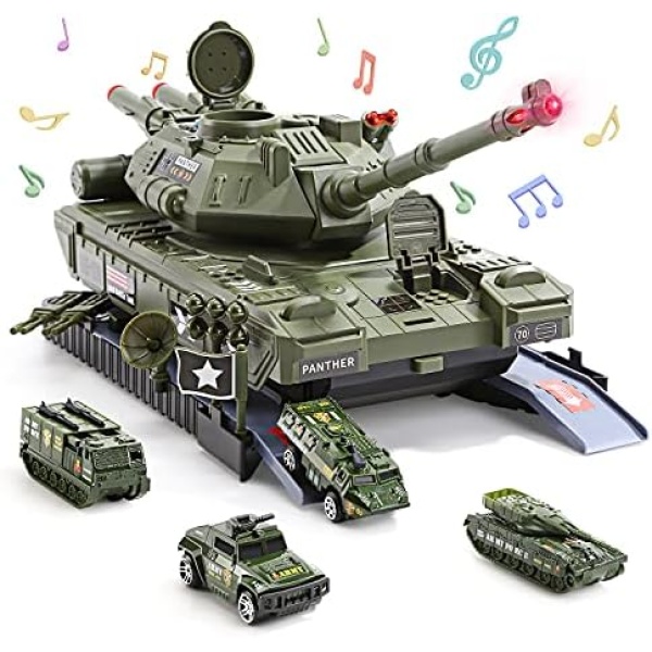 Cute Stone Military Vehicles Sets, Battle Tank Toy with Realistic Light and Sound, Rotating Turret, 4 Pack Mini Alloy Die-cast , Soldier Army Men, Great Military Toys Gift for Kids Boys,Girls