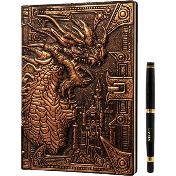 DND Notebook / Journal, Unique 200 Page Book with 3D Bronze Dragon Embossed Faux Leather Cover with Pen- Ideal for Dungeons & Dragons / D&D. Great RPG Accessories Nerdy Fantasy Gift for DM's & Players, Men or Women.