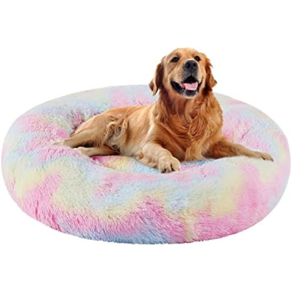 Dog Bed Calming Dog Beds Round Pet Beds for Cats or Medium Large Dogs, Donut Cat Bed Anti-Anxiety Donut Dog Cuddler Bed Warming Cozy Faux Fur Bed with Waterproof & Anti-Slip Bottom