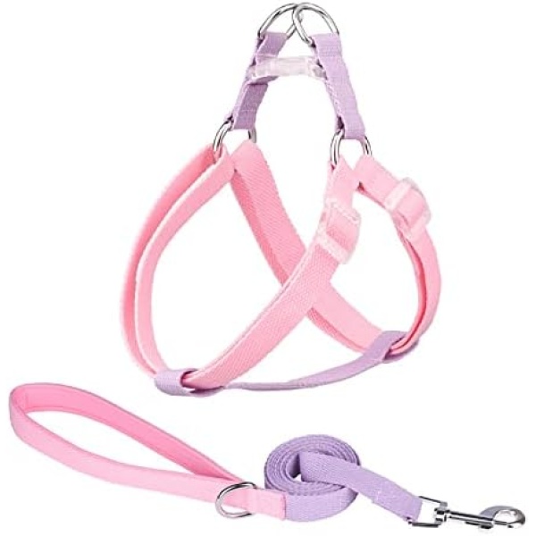 Dog Harness Leash Set,No Pull Small Dog Harness and Leash,Double Adjustable Band Nylon Small Puppy Pet Dog Combo Collar Leash and Harness Set,Pink&Purple S