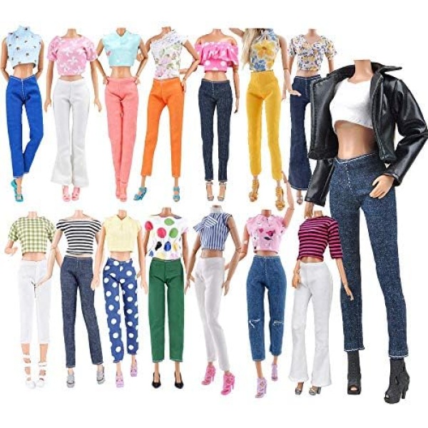 E-TING Lot 15 Items = 5 Sets Doll Clothes with 10 Pair Shoes Accessories for 11.5 Inch Girl Doll Outfits Random Style(Leather Jacket + Casual Wear)