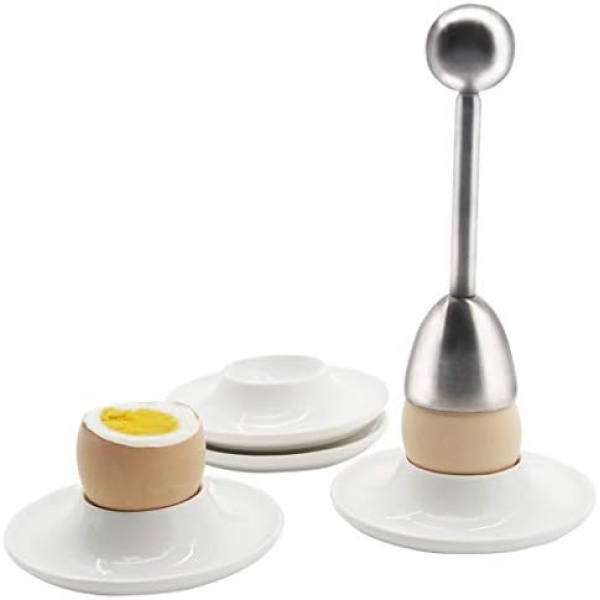 Egg Cup for Soft Boiled Eggs, Egg Cups & Cracker Topper Set, 4pcs Set Ceramic Circle Egg Holder with Stainless Steel Egg Shell, Egg Stand Holders for Kitchen