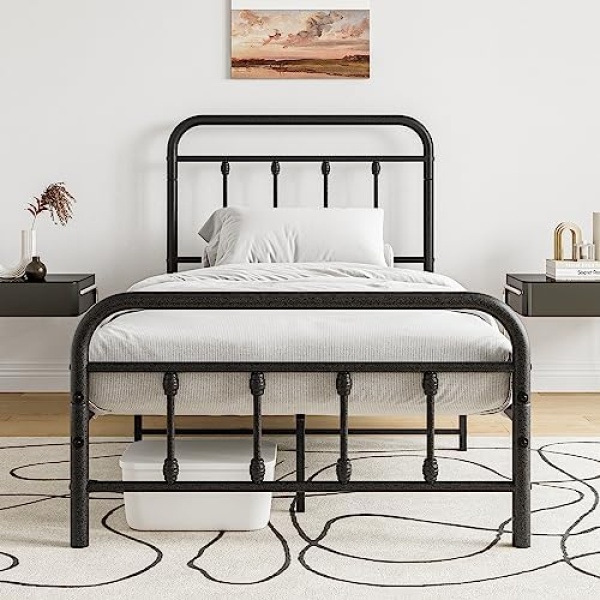 Elegant Home Products Victorian Vintage Style Platform Metal Bed Frame Foundation Headboard Footboard Heavy Duty Steel Slabs Queen Full Twin Gray/Sliver Finish (Twin)