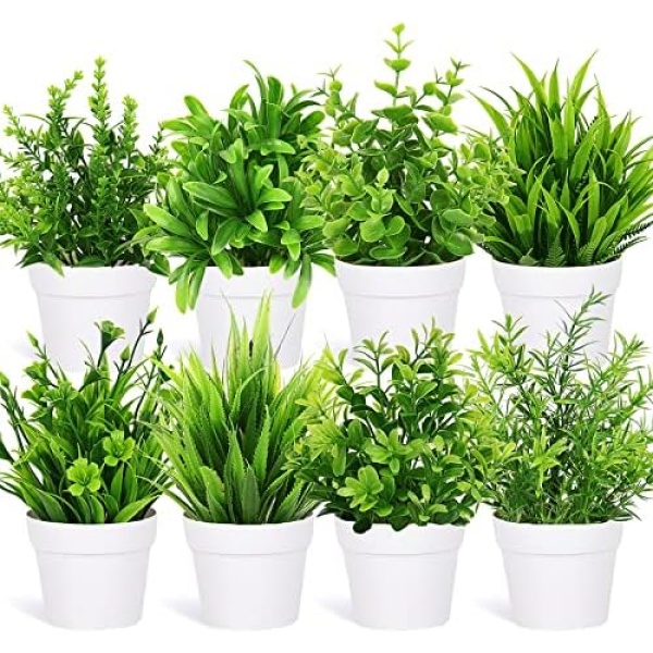 Fake Plants Mini Potted Artificial Plants, 8 Pack Artificial Plastic Eucalyptus Plants Small Houseplants Greenery in Pots Indoor, Small Faux Plants Decor for Home Bathroom Office Farmhouse Desk Shelf