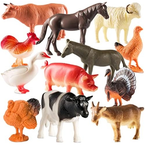 Farm Animal Toys - Pack of 12 - Plastic Farm Animals for Toddlers and Kids, Realistic 3-5 Inch Ranch/Barnyard Animal Toy Figures Styles Include Sheep, Horse, Goat, Duck, Chicken, Turkey, Cow, Pig