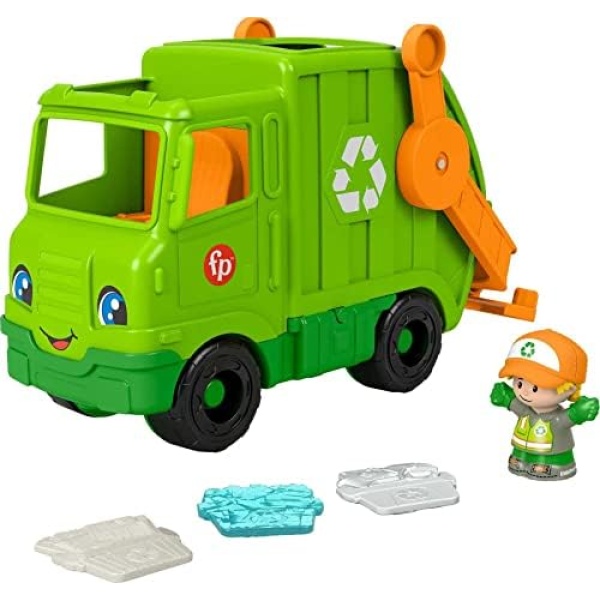 Fisher-Price Little People Recycling Garbage Truck Toy with Music Sounds 1 Figure and 3 Play Pieces for Toddler and Preschool Pretend Play​