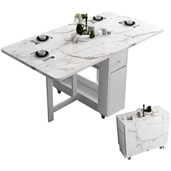 Folding Dining Table with Storage Rack and 2 Storage Drawers, Movable Kitchen Table Extendable Dining Table Space Saving Table in 3 Forms FUNROLUX (White)