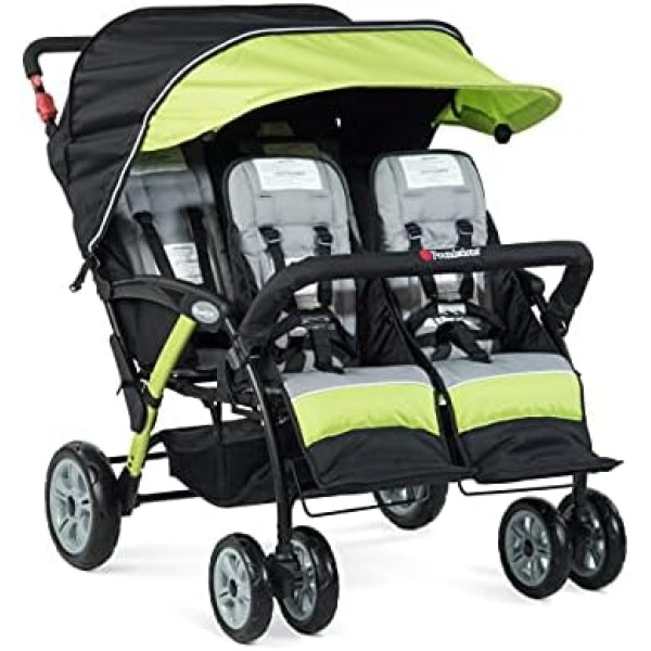 Foundations Quad Sport 4-Passenger Folding Stroller with Canopy, 5-Point Harness, Foot-Brake (Lime)