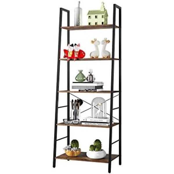 Gadroad Ladder Shelf, 5-Tier Industrial Ladder Bookcase, Book Shelf Unit with Black Metal Frame, Corner Shelf Unit for Living Room, Ladder Bookshelf for Plant Flower, Plant Stand Rustic Brown