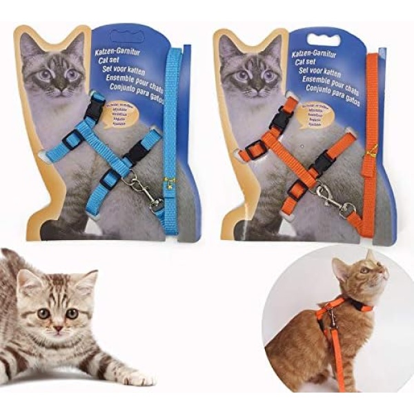 Gizhome 2 Pack Cat Harness and Leash Adjustable Halter Harness Nylon Strap Belt Safety Rope Leads for Kitten, Orange & Light Blue