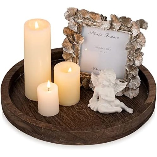 Hanobe Round Wood Candle Tray: Rustic Wooden Candle Holder Distressed Pillar Stand Farmhouse Tea Light Plate Base for Living Room Coffee Table Centerpiece for Kitchen Counter Bathroom Home Decor,11.8"