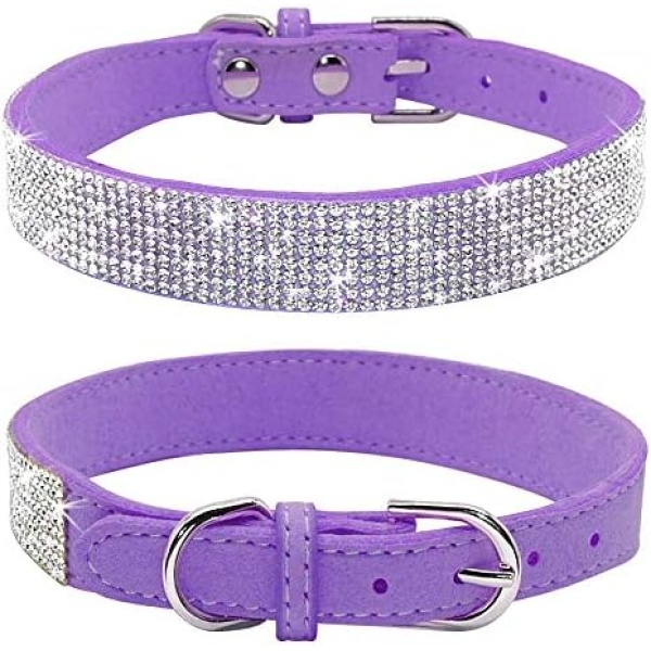 Haoyueer Rhinestone Dog Collar, Cute Dazzling Sparkling Soft Suede Leather Dog Cat Rhinestone Collar Crystal Diamond Pet Dog Puppy Collar(Purple,L fit Neck 38 - 46 cm)