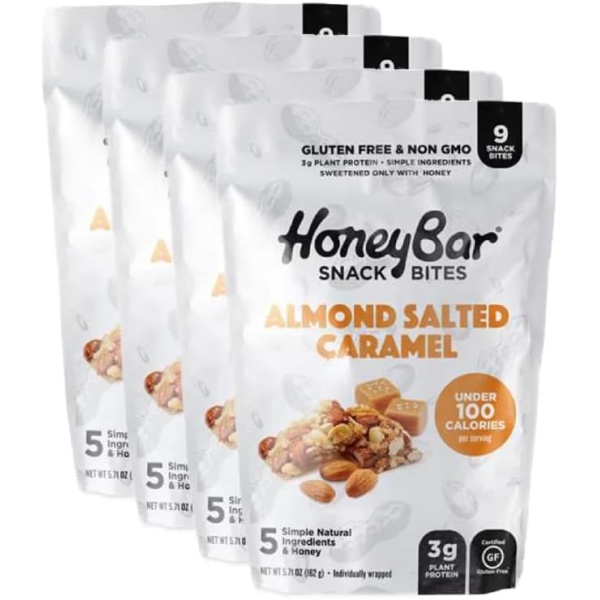 HoneyBar Snack Bites, Almond Salted Caramel, Gluten Free, Non GMO, Plant Protein Energy Bars, 162 g, Almond Salted Caramel (Almond Salted Caramel, 162 g (Pack of 4))