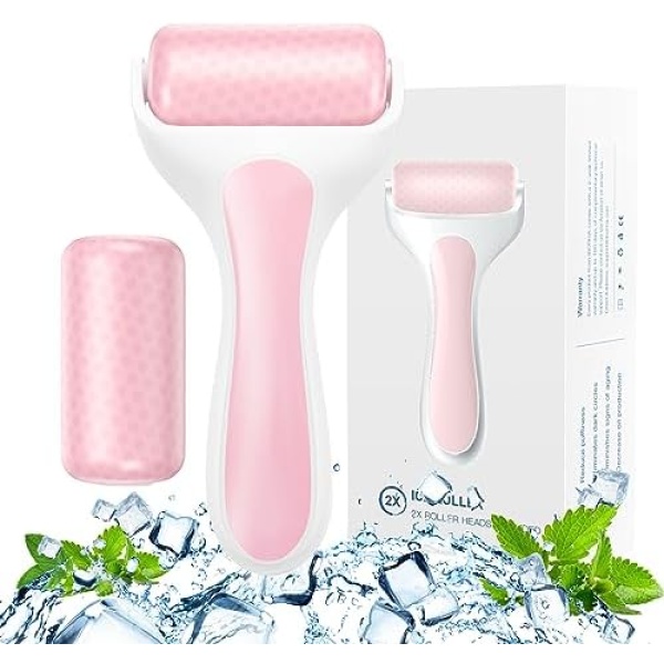 Ice Roller for Face Eye Puffiness Relief, Facial Ice Roller Skin Care, Whole Body Massage, Migraine Pain Relief, 2 Roller Heads for Long Lasting Cold (Pink)