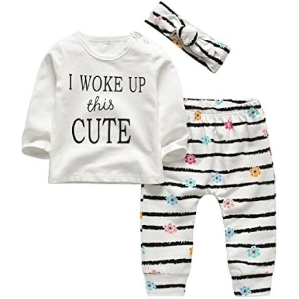 Infant Baby Girl Clothes Long Sleeve T-Shirt Tops Flowers Pants Headband 3 Piece Set