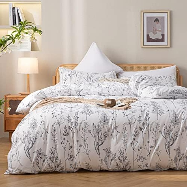 JANZAA 3pcs White Comforter Set, Soft Microfiber Bedding Plant Flowers Printed Comforter with 2 Pillow Cases for All Seasons(Queen)