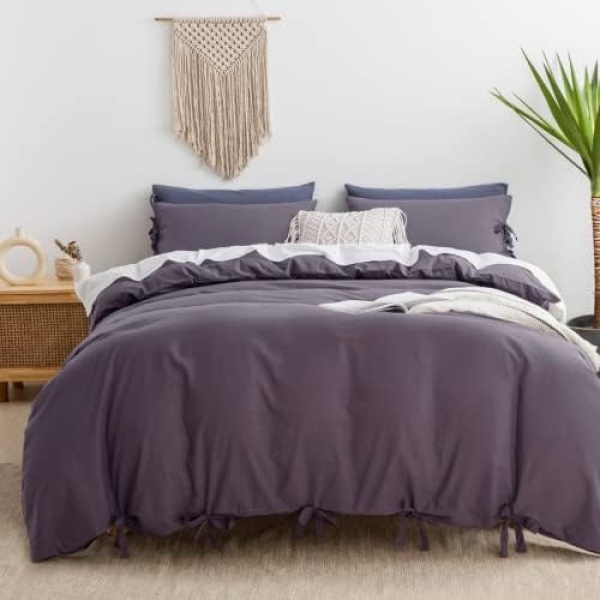 JELLYMONI Purple 100% Washed Cotton Duvet Cover Set Queen, Duvet Cover with Bow tie Closure, 3 Pieces Ultra Soft Bowknot Duvet Cover(Without Comforter)