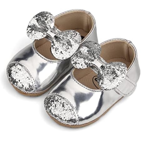 KAKU NANU Baby Girls Mary Jane Flats Dress Shoes with Bowknot, Infant 0-18 Months Crib Shoes PU Leather Baby Girl Walking Shoes