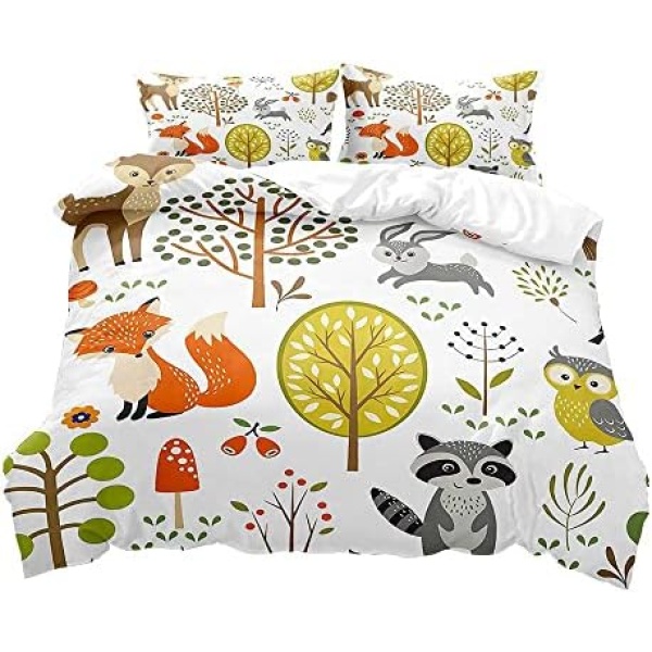 LUVIVIHOME 2PCS Cartoon Woodland Animals Duvet Cover, Twin Bedding, Girls Boys Toddler Kids Bedding, Botanical Forest Animals Cute Fox Deer Owl Racoon Rabbit White Comforter Quilt Cover, 1 Pillow Sham