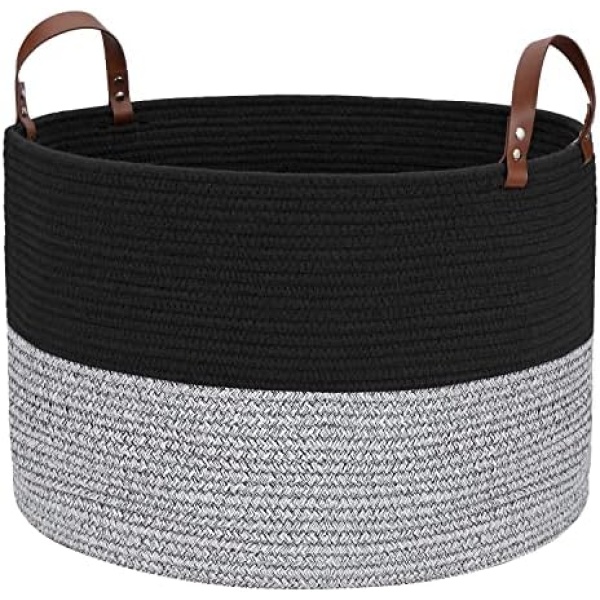 Large Cotton Rope Basket Woven Storage Basket 20''X13'' - Hombins Decorative Storage Basket with Handles Collapsible Laundry Hamper for Throws, Pillows, Blanket, Black&Grey