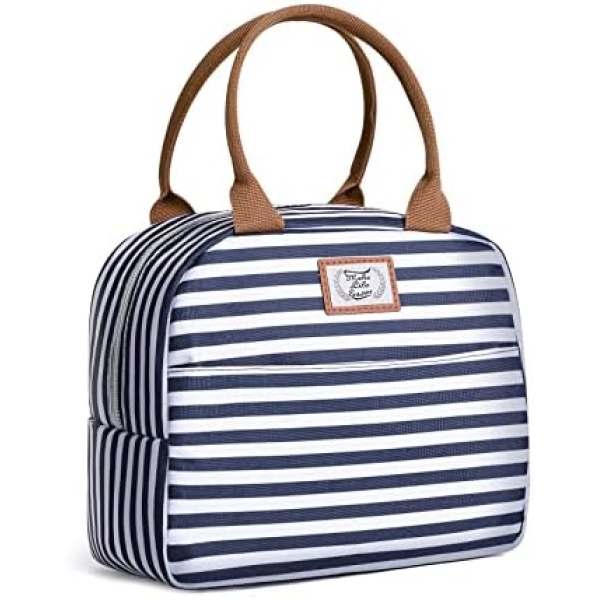 Lunch Bags for Women Men, Insulated Lunch Tote Bag, Reusable Portable Lunch Cooler Bag for Students, Waterproof Lunch Box Bag for Work School Picnic Travel, 9L, Blue Striped