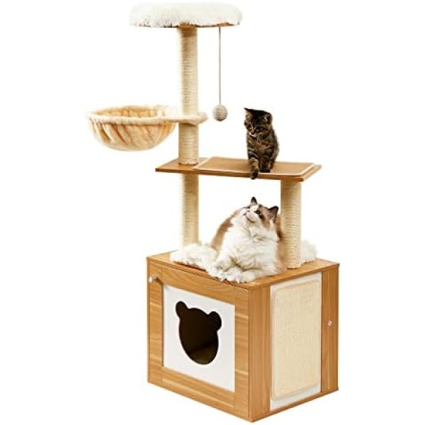 Made4Pets Cat Tree, Modern Tall Cat Tower for Indoor Large Cats, Wooden Kitty Condo Top Perch with Hammock, Cat Litter Box Enclosure Furniture Hidden for Small Adult Kitten