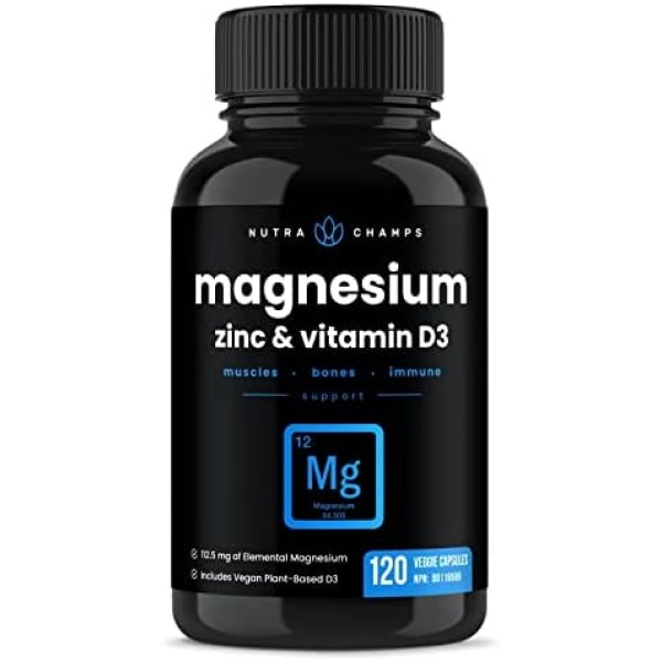 Magnesium Zinc & Vitamin D3 | Vegan Magnesium Supplement | Most Bioavailable Forms - Magnesium Glycinate, Malate & Citrate | Bone, Muscle, Sleep & Heart Health | Immune System Support | 120 Capsules