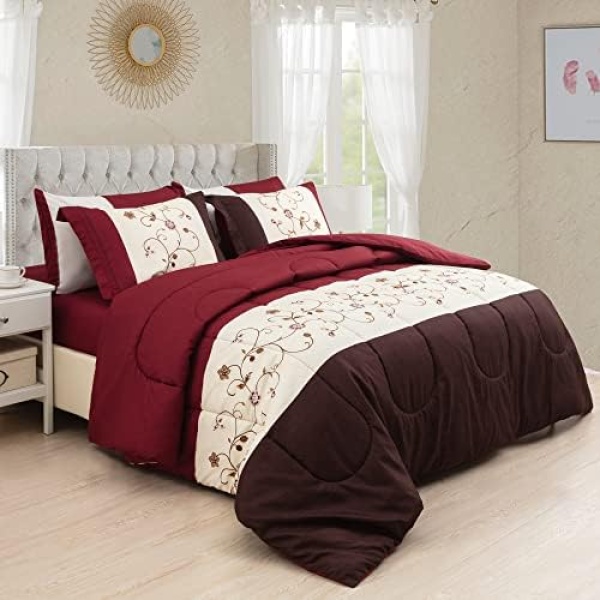 Marina Decoration Ultra Soft Luxury Fluffy Goose Down Alternative Bed in a Bag Rich Printed 7 Piece Comforter Set Includes 4 Piece Sheet Set, Modern Burgundy Cosmos Floral Pattern King Size