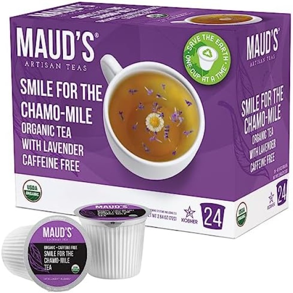 Maud's Organic Chamomile Lavender Tea (Smile For The Chamo-mile) 24ct. Solar Energy Produced Recyclable Single Serve Decaf Tea Pods – 100% Organic Caffeine Free Tea California Blended, KCup Compatible