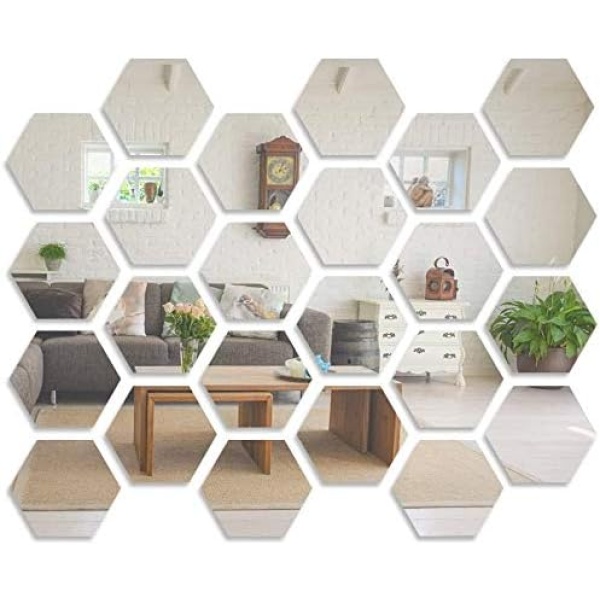 Mirror Wall Sticker, LYGZTing 24 PCS Removable Acrylic Mirror Stickers DIY Wall Decor Mirror Hexagon Wall Sticker Non Glass Mirror for Living Room Bedroom Easter Decor (2.6x4.4x5inch)