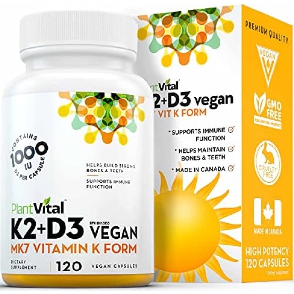 NEW! Plantvital Vegan Vitamin K2 + D3 (HIGH POTENCY 120mcg/1000 IU) for bone, teeth, heart & immune system support (Patented MK7 form). 120 Vegetarian Capsules. Made in Canada Rare!