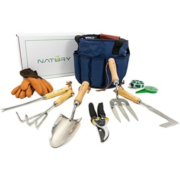 Natury Gardening Tool Set – Premium Stainless Steel Gardening Hand Tools with Solid Beechwood Handle – Gardening Kit with Rake, Shovel, Gloves, Shears, Tool Organizer – Garden Gifts for Women and Men